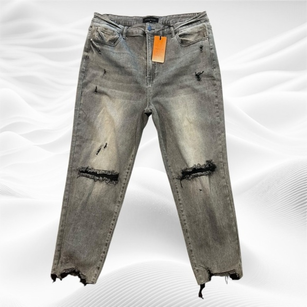 Risen3XL (38X28) Mid-rise Boyfriend Jeans Gray Distressed Fray Hem Stretch
